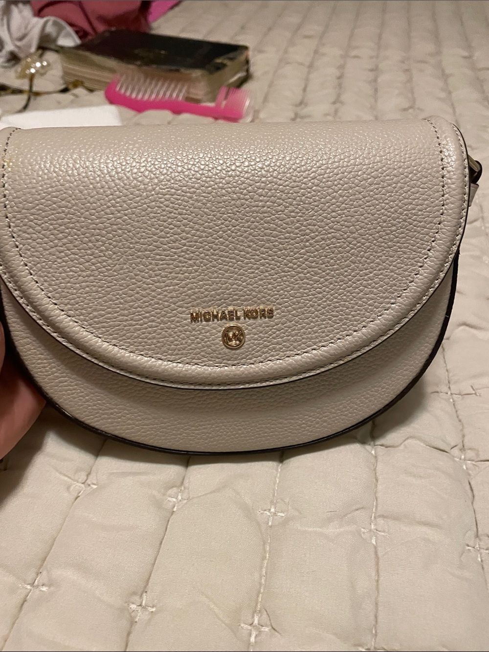 Michael Kors Pebbled Leather Crossbody in Light Beige with Gold Hardware